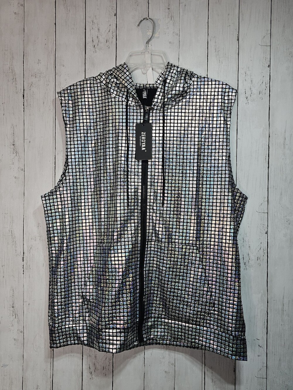 NWT ZEROYAA Men's Hipster Metallic Zip Up Sleeveless Hooded Vest T-Shirt Size XL